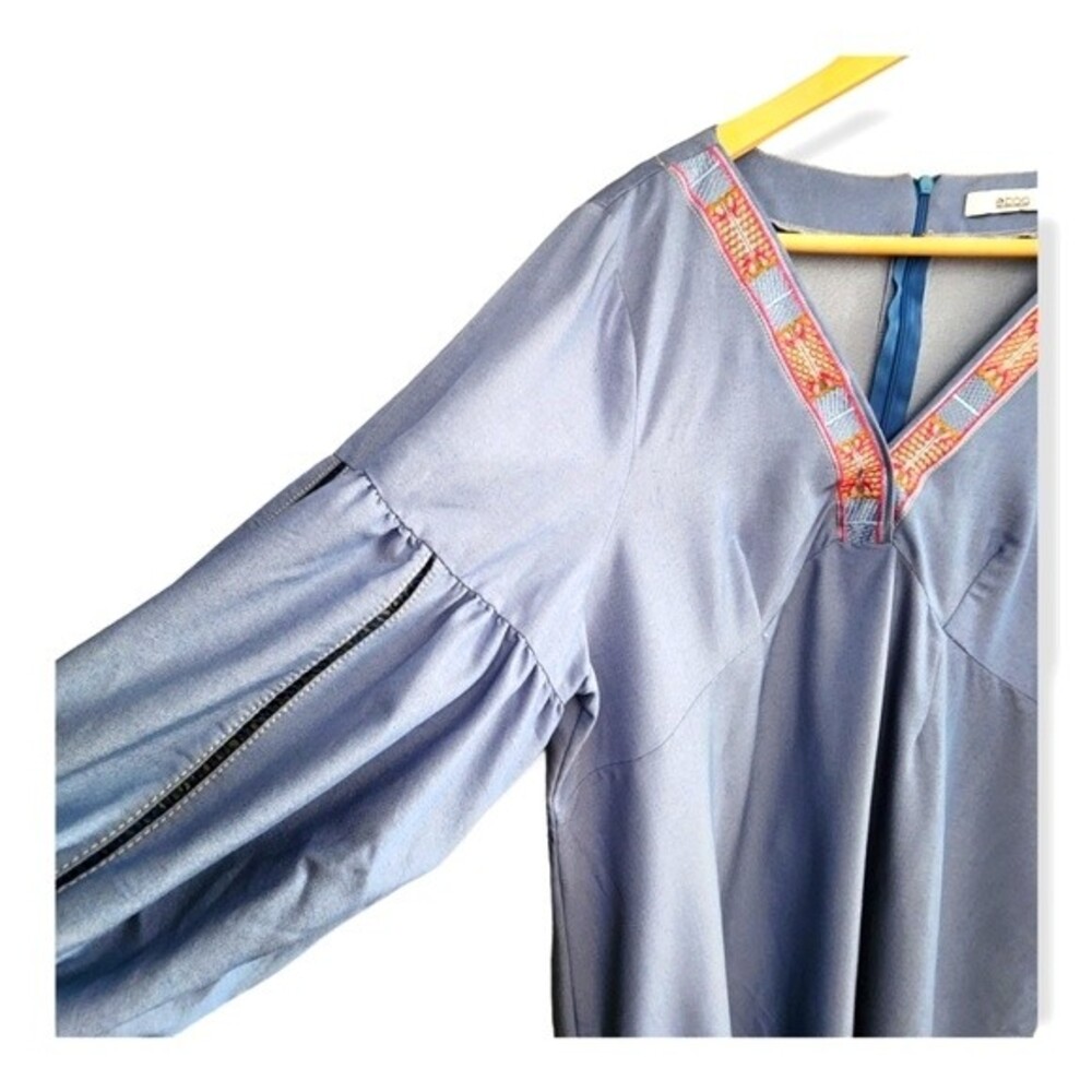 EBBA Blue V-neck Dress Embroidered Ribbon Trim Women Size 16 / XXL - Picture 4 of 9